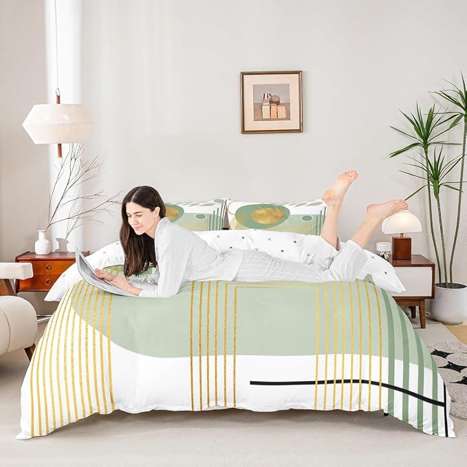 Erosebridal Green Abstract Boho Duvet Cover Toddler Size Mid Century Modern Comforter Cover Minimalist Aesthetic Neutral Bedding Set Botanical Leaves Simple Bed Set