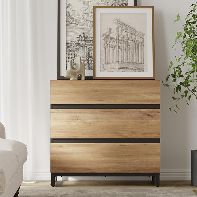 WAMPAT Dresser for Bedroom, Closet Organizers and Storage with 3 Drawers, Chest of Drawers with Metal Base, Modern Wood Dresser for Living Room, Hallway, Entryway, Oak