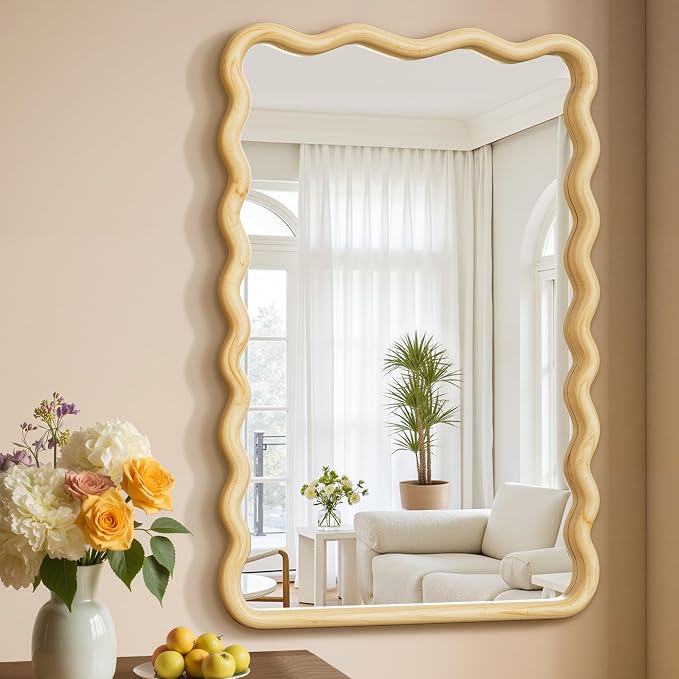 TRAHOME 24x36 Wavy Wood Bathroom Vanity Mirror, Boho Wall Mirror with Natural Wood Frame for Over Sink, Entryway, Bedroom