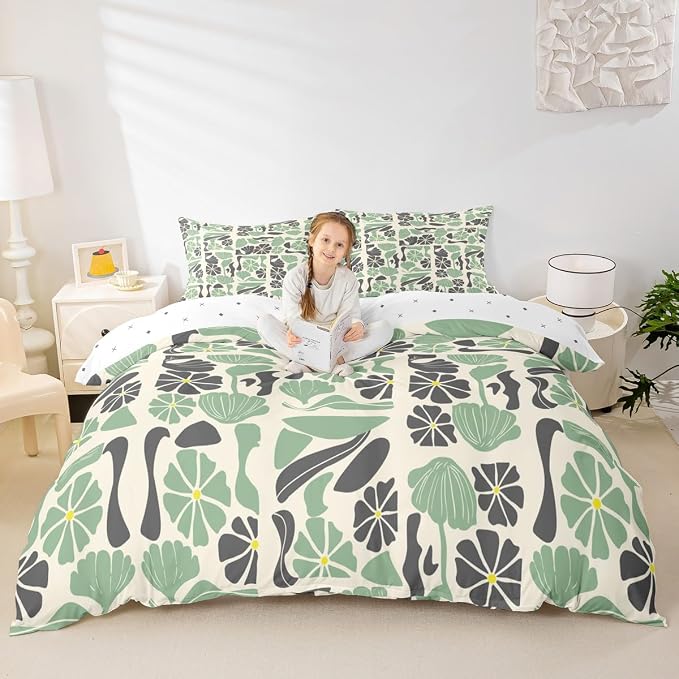 Erosebridal Boho Abstract Colorful Floral Duvet Cover Full Mid Century Modern Abstract Geometric Bedding Set Vintage Retro Patchwork Green Flower Comforter Cover Botanical Geometric Aesthetic Bed Set