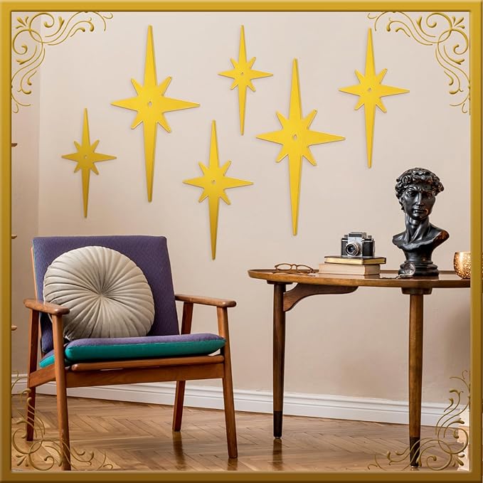 Yalikop 6 Pcs Mid Century Modern Starburst Wall Art Decor 8 Pointed Hangings Wooden Stars Whimsigoth Modern Retro Midcentury Wall Art for Home Bedroom Bathroom Office(Gold)
