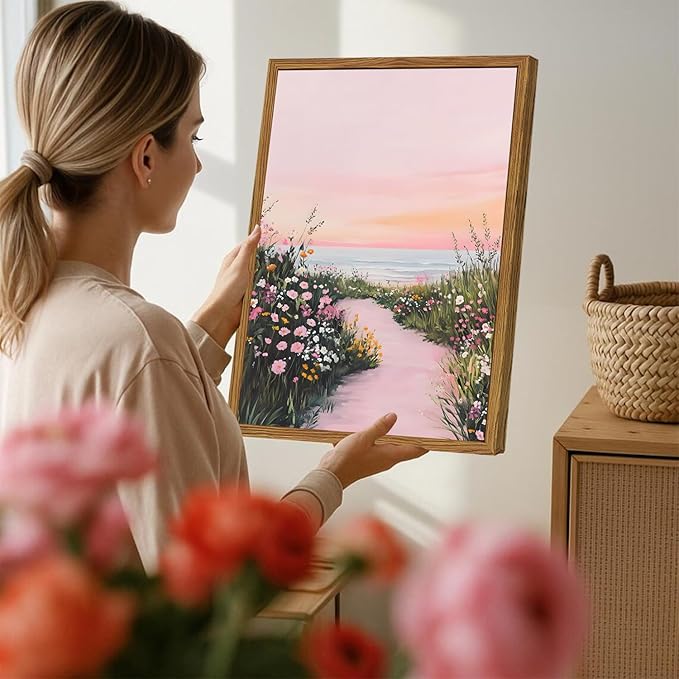 Framed Vintage Landscape Wall Art, Pink Floral Coastal Pictures Wall Decor, Rustic Wildflower Nature Paintings Canvas Prints Home Decor Aesthetic for Living Room Bedroom Bathroom 12x16 inch