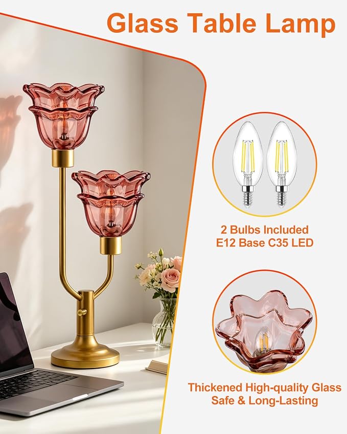 Lightdot Mid Century Modern Flower Table Lamp Dimmable Nightstand Lamp Red Glass Vintage Gold Desk Lamp 2 Bulbs Included Warmwhite Ambient Bedside Lamps for Living Room Bedroom Home Office Decor Gift