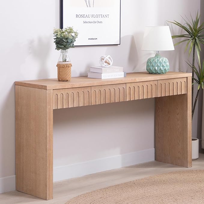 Wood Console Table, 59.2" Retro Long Sofa Table Behind Couch with 4 Drawers, Farmhouse Wooden Narrow Sofa Table Hall Table for Living Room Foyer Entrance Entryway, Natural