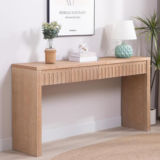 Wood Console Table, 59.2" Retro Long Sofa Table Behind Couch with 4 Drawers, Farmhouse Wooden Narrow Sofa Table Hall Table for Living Room Foyer Entrance Entryway, Natural