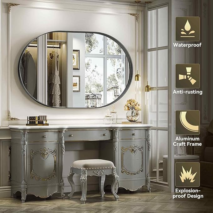 Brightify Black Oval Mirror for Wall 30x42 Inch, Metal Framed Bathroom Vanity Mirrors, Modern Pill Mirror for Bedroom Living Room Wall Decorative Hang Vertical and Horizontal