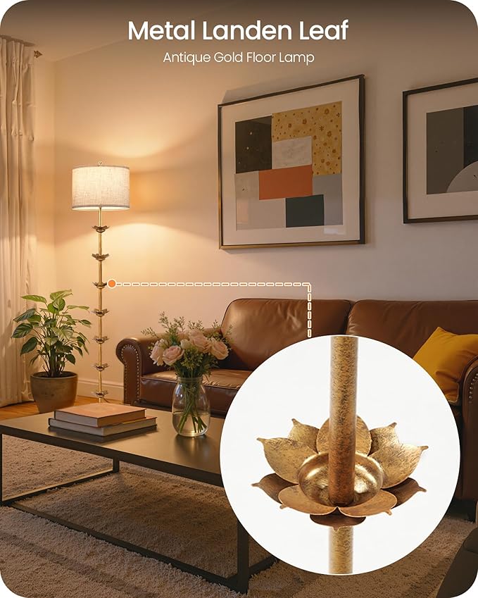 63.8” Floor Lamp with Landen Leaf, Antique Gold Standing Lamp with Foot Switch, Metal, Beige Linen Drum-Shaped Shade, Bulb Not Included, for Bedroom, Living Room D20LD05