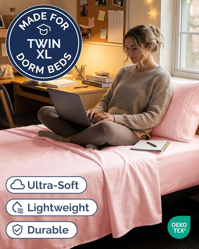 Twin XL Size 3 Piece Sheet Set - Comfy Breathable & Cooling Sheets - Hotel Luxury Bed Sheets for Women & Men - Deep Pockets, Easy-Fit, Soft and Wrinkle Free Sheets - Baby Pink Oeko-Tex Bed Sheet Set