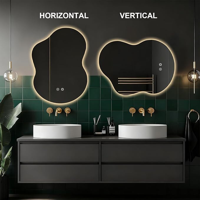 Asymmetrical Lighted Mirror for Bathroom,Modern LED Vanity Mirror with Backlit,Fog-Free,Tri-Color Dimmable Lighting with Memory Function,Hardwire Ready [Horizontal/Vertical] 30" H x 22" W
