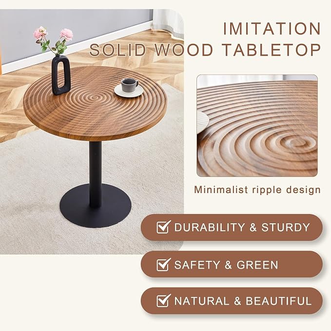 31.5 Inch Round Dining Table for 2-4 Person,Mid-Century Modern Walnut Tulip Kitchen Table, Wooden GrainTabletop with Suction Molding Annular Texture and Black Metal Base