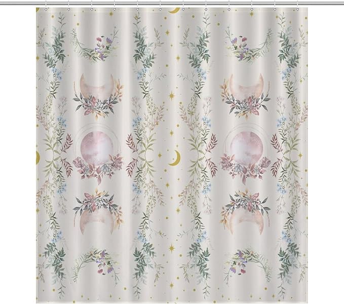 Moon Phase Flowers Shower Curtain Moonlit Herb Wildflower Witchy Celestial Flower Botanical Waterproof Shower Curtains for Bathroom Decor 12 Pack Hooks 66x72in（168x183cm）