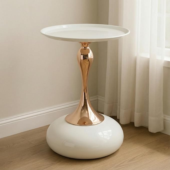 Small Round Side Table, 15" White End Table for Small Space, Modern Bistro Cocktail Table with Metal Pedestal Base, Mini Coffee Table for Living Room, Bedroom, Kitchen, Cafe, Apartment