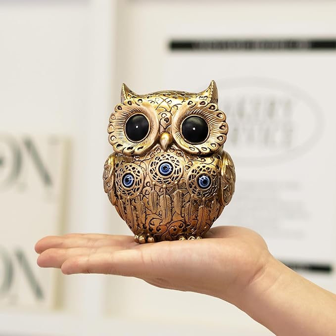 Owl Statue Home Decor Accents with Evil Eye.Gold Decor for Bookshelf, Bedroom, Living Room, Office, Table and Shelf.Vintage Owl Figurines Gifts for Birds Lover.Cute Small Animal Sculptures.