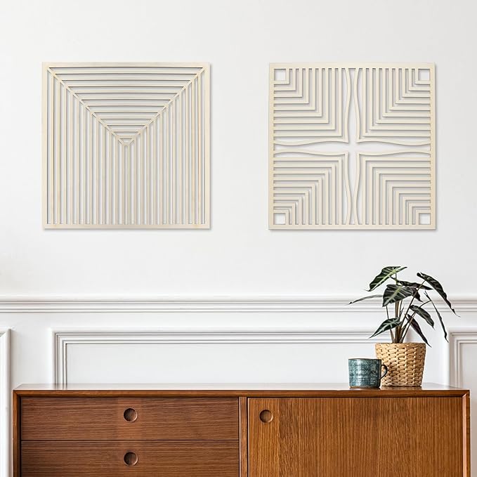 Homenthus 2 Pcs Abstract Wood Wall Art, Mid Century Modern Geometric Wood Wall Decor Minimalist Wooden Wall Art Decor Panels for Boho Living Room Bedroom Kitchen Dining Room Office Home Wall Decor