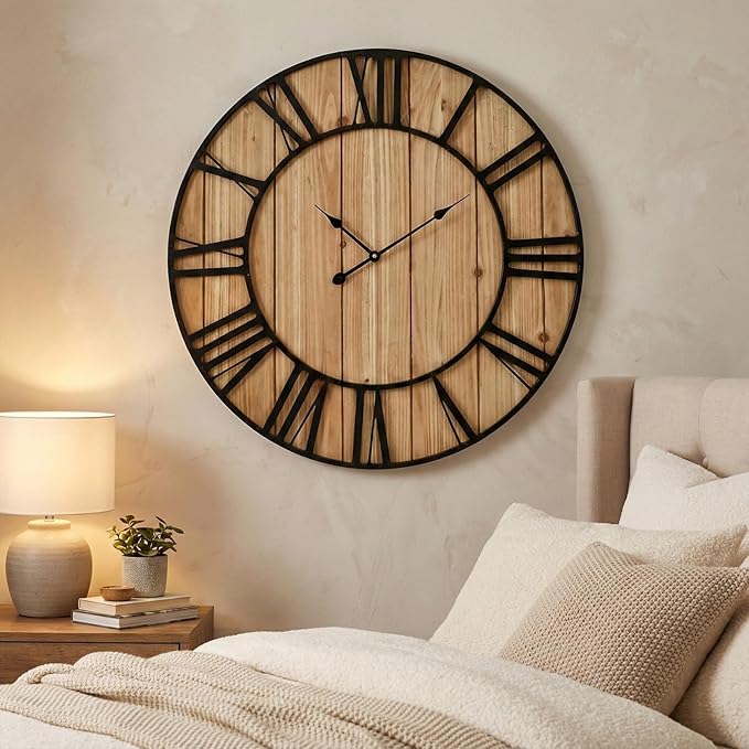 Large Farmhouse Wall Clock 30 Inch Vintage Brown Wooden Wall Clock with Quiet Ticking and Minimalist Roman Numerals for Bedroom Living Room Office Kitchen Home Decor, Battery Operated