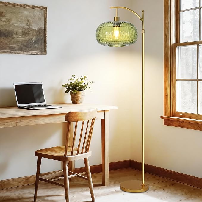 QIYIZM Green Floor Lamp for Living Room,Bedroom,Gold Dimmable Standing Lamp with Remote,Mid Century Modern Brass Tall Lamp Boho Floor Lamps Arc Stained Glass Floor Light Lamp Girls Bohemian