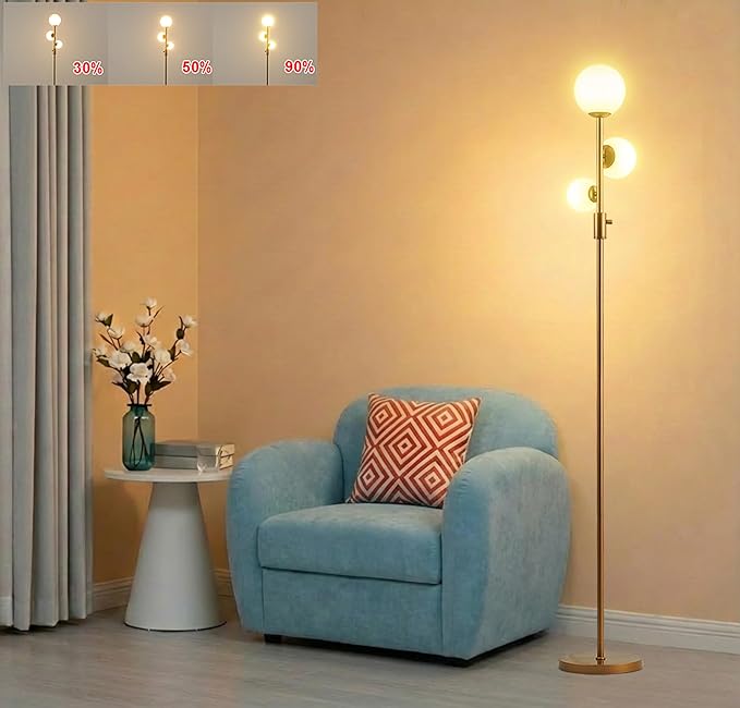 Fiqevs Upgrade Dimmable Floor Lamp, 3 Globe Mid Century Gold Modern Floor Lamps for Living Room with Orb Frosted Glass Shade and 3 LED Bulbs, Standing Tall Lamp for Bedrooms, Office - Antique Brass