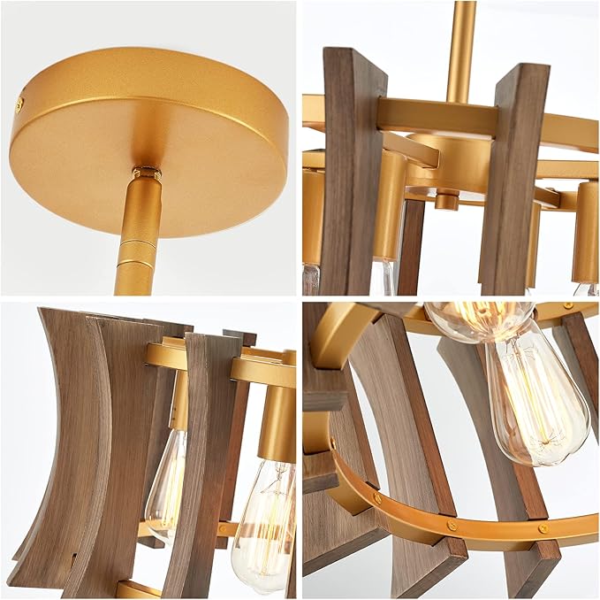 Industrial Wood Chandelier, with Antique Brass Brush Paint Finish Shade Pendant Lighting Fixture for Dining Room Kitchen Island Living Room Bedroom 4-Light