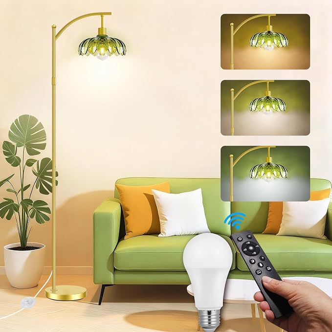 Gold Floor Lamp with Remote Control, Dimmable LED Floor Lamp with 3 Color Temperatures, Adjustable Height Vintage Standing Lamps for Living Room BedroomOffice, Green Glass Tall Lamps Gift Use