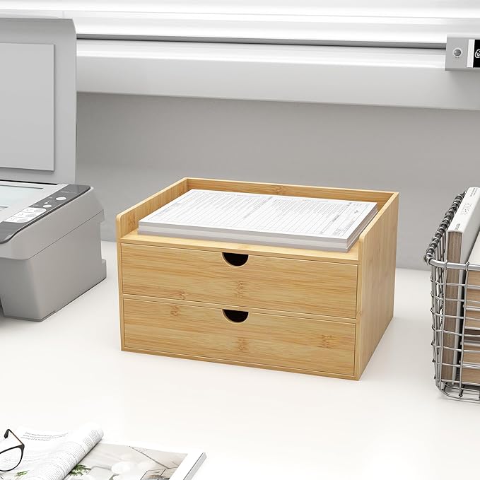 Bamboo Desk Drawer Organizer, Large Desktop Organizer with Drawers Tabletop Storage Organization Box for Office Home Toiletries Supplies Vanity, No Assembly Required (2 Drawer with Shelf)