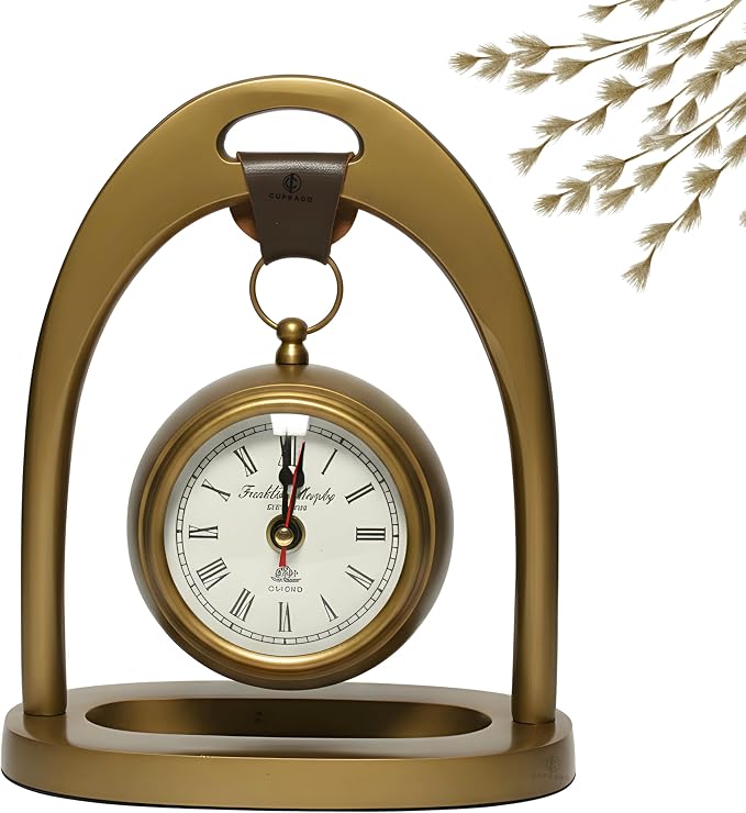 Antique Brass Table Clock with Leather Handle | Vintage Roman Numeral Dial, Decorative Mantel & Desk Clock | Elegant Home & Office Décor Gift