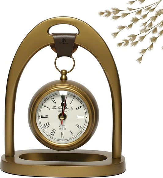 Antique Brass Table Clock with Leather Handle | Vintage Roman Numeral Dial, Decorative Mantel & Desk Clock | Elegant Home & Office Décor Gift