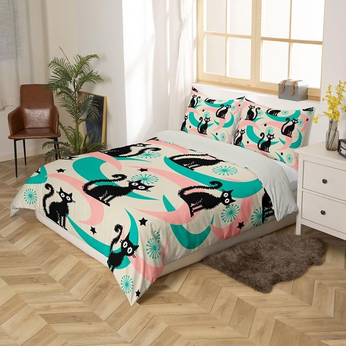 Erosebridal Mid Century Cat Bedding Set King Cute Cartoon Cat Duvet Cover Boho Abstract Geometric Comforter Cover for Kids Girls Boys Adults Retro Groovy Animal Bed Set