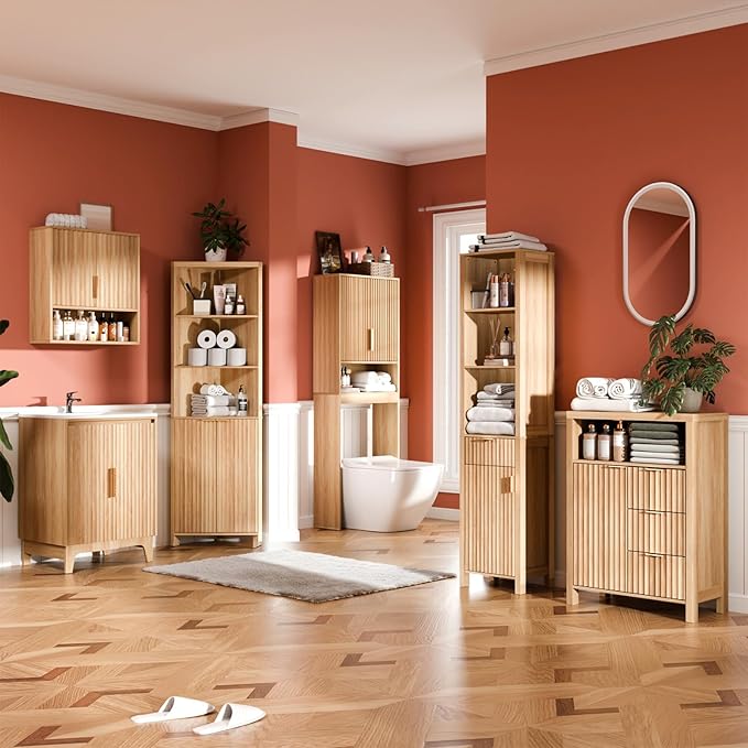 VINGLI Fluted Bathroom Floor Storage Cabinet with Fluted Door 3 Drawers,Modern 12 Inch Deep Short Bathroom Storage Cabinet Organizer Free-Standing for Small Space w/Adjustable Shelf,Natural Oak Color