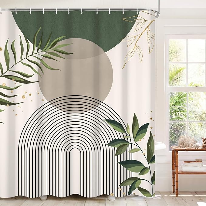 Boho Mid Century Shower Curtain, Green Modern Minimalist Abstract Geometric Gold Plant Leaves Sun Arch Bathroom Curtains Waterproof Fabric Buthtub Curtain Set with Hooks 36" Wx72 L