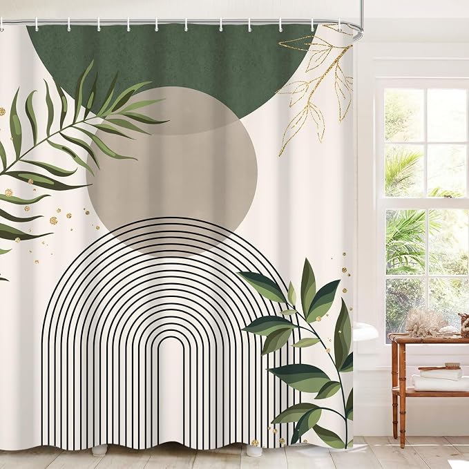 Boho Mid Century Shower Curtain, Green Modern Minimalist Abstract Geometric Gold Plant Leaves Sun Arch Bathroom Curtains Waterproof Fabric Buthtub Curtain Set with Hooks 60" Wx72 L
