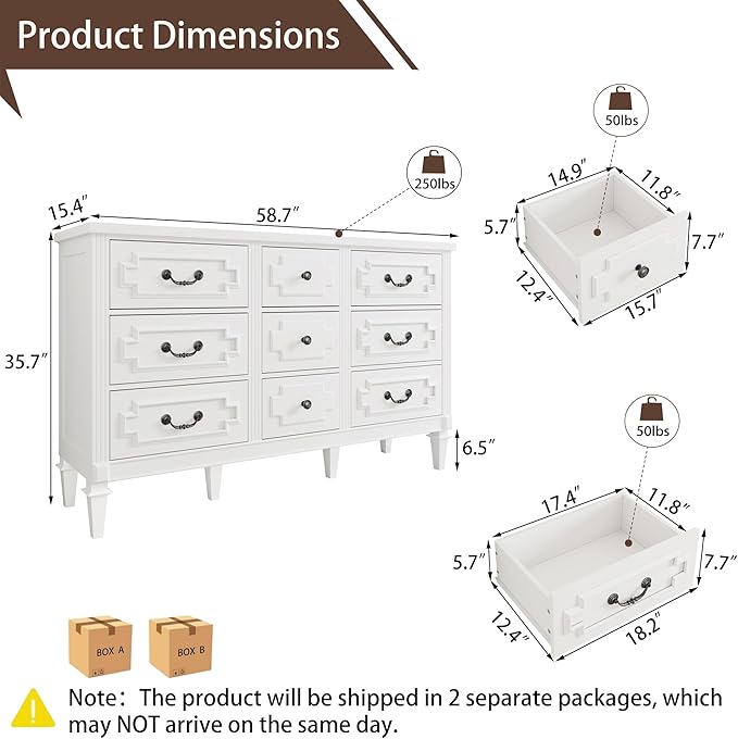 9 Drawer Dresser for Bedroom, 35.7" Tall Dresser & Chest of Drawers wtih Vintage Surface, Closet Storage Cabinet for Living Room, Hallway, White