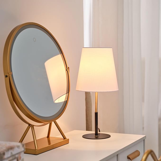 GLOBE Electric 61000045 16" Table Lamp, Matte Black, Brass Accents, White Linen Shade, On/Off Rotary Switch on Socket, Table Lamps for Living Room, Bedroom, Office, Den, Apartment Essentials