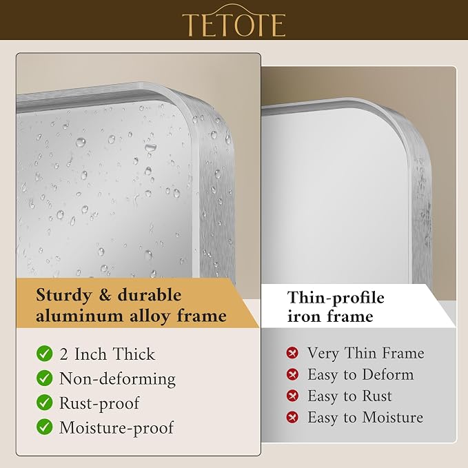 TETOTE 24 x 36 Inch Vanity Mirror, Silver Trimmed Wall Mounted Mirrors, Brushed Silver Rectangle Modern Metal Framed Mirror for Bathroom (Horizontal/Vertical)