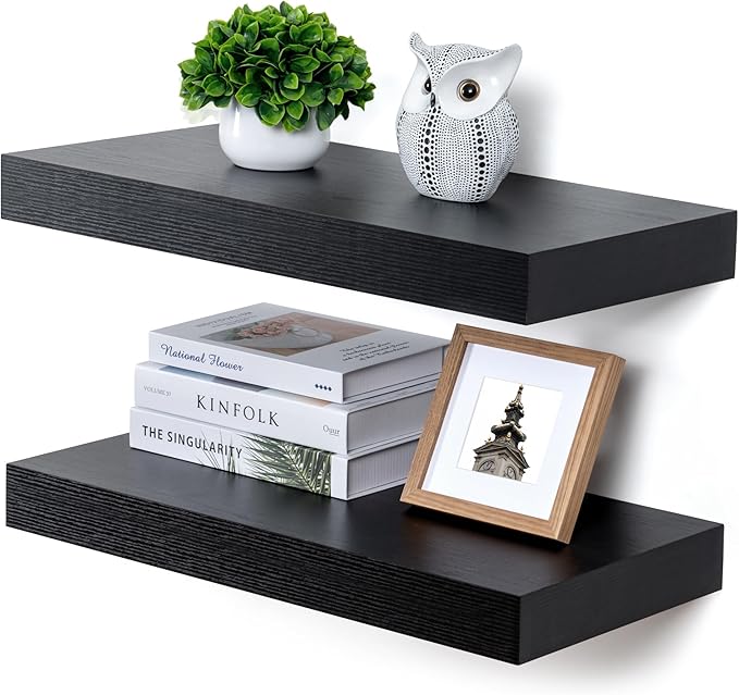 Deep Floating Shelves | 24 Inch Black Floating Shelves Set of 2 | 12 Inch Deep Rustic Wood Shelves for Wall | 24" W x 12" D Black Shelves for Living Room Bathroom Laundry Room Kitchen