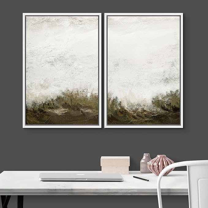 IDEA4WALL Framed Canvas Print Wall Art Set Grunge White Brown Color Field Landscape Abstract Shapes Illustrations Minimalism Decorative for Living Room, Bedroom, Office - 16"x24"x2 White