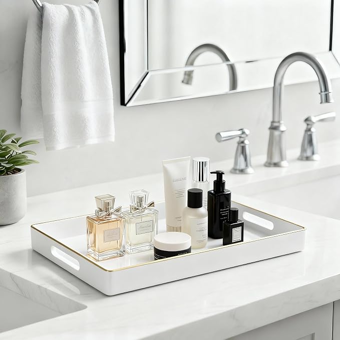 Decorative Plastic Serving Tray with Handles, Modern Vanity Organizer for Bathroom, Kitchen, Ottoman and Coffee Table (White, Rectangular)