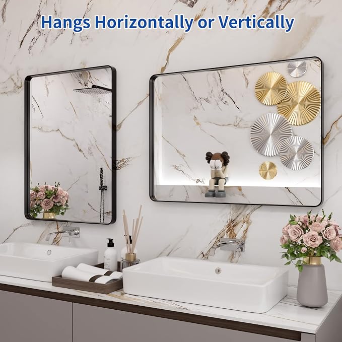 WEER Black Framed Mirror for Bathroom, 24x32 Inch Matte Black Bathroom Vanity Mirror, Rectangular Black Metal Framed Wall Mirror with Tempered Glass, Rounded Corner, Anti-Rust (Horizontal/Vertical)