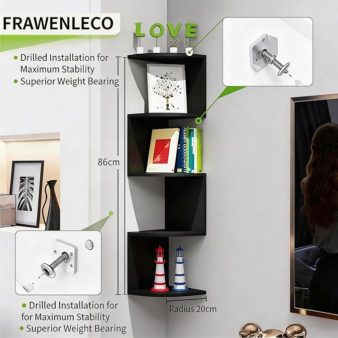 Corner Shelf Wall Mount, 5-Tier Floating Corner Bookshelf with Screw Mounting, Space-Saving Zigzag Plant Shelf for Bedroom, Living Room, Bathroom, Home Office, Black