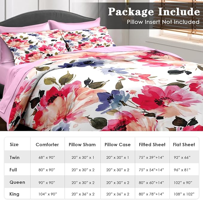 Pamnest Comforter Set Queen Size, Flower Floral Leaf 7 Pcs Bedding for Kids and Adults, Painting Summer Spring Bed Sheet Sets with Fitted Sheet 2 Pillowcases & 2 Shams for Bedroom Bed Decor