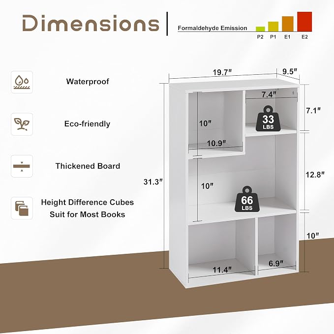 VECELO 5 Cube Modern Bookcases, 3 Tier Bookshelves, 31 Inch High Cubby Storage Organizer, Shelf Hight Up to 12.8 Inches Suit for Most Books, Vertical or Horizontal Use Available,Pearl White