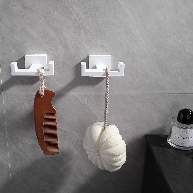 GERZWY Stainless Steel Double Towel Hook Heavy Duty Wall Mounted Robe Coat Hook for Bathroom 2 Pack, White