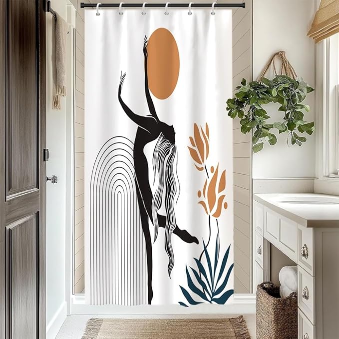 Boho Shower Curtain for Bathroom Female Dancer Holds The Sun Leaf Abstract Floral Shower Curtains Modern Minimalist Bathroom Decor Machine Washable Waterproof Polyester Fabric with Hooks 36x72 Inch