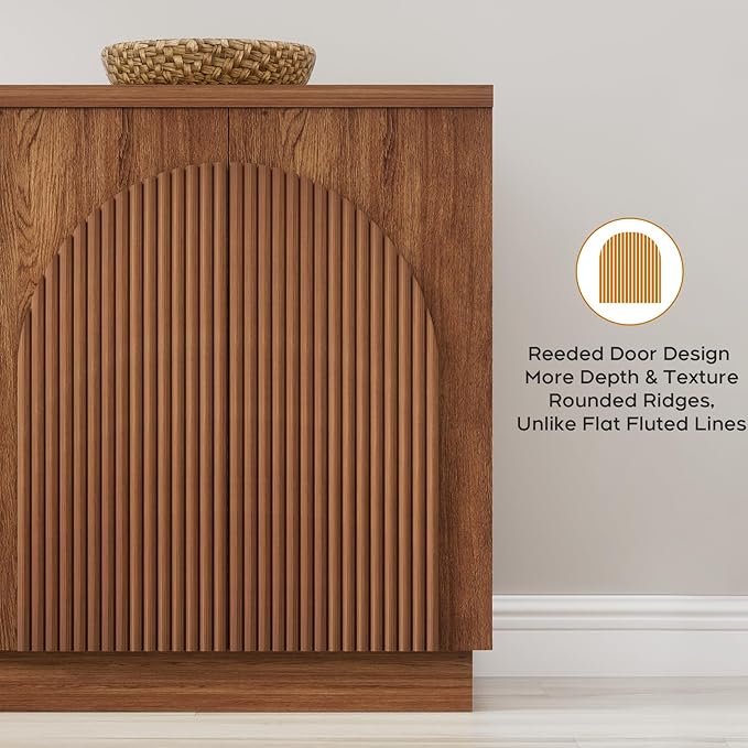 Yechen 67" Walnut Fluted Sideboard Buffet Cabinet with 4 Arched Reeded Design Doors &3 Drawers, Mid Century Modern Credenza Storage Cabinet with Adjustable Shelves, for Living Room Dinning Hallway