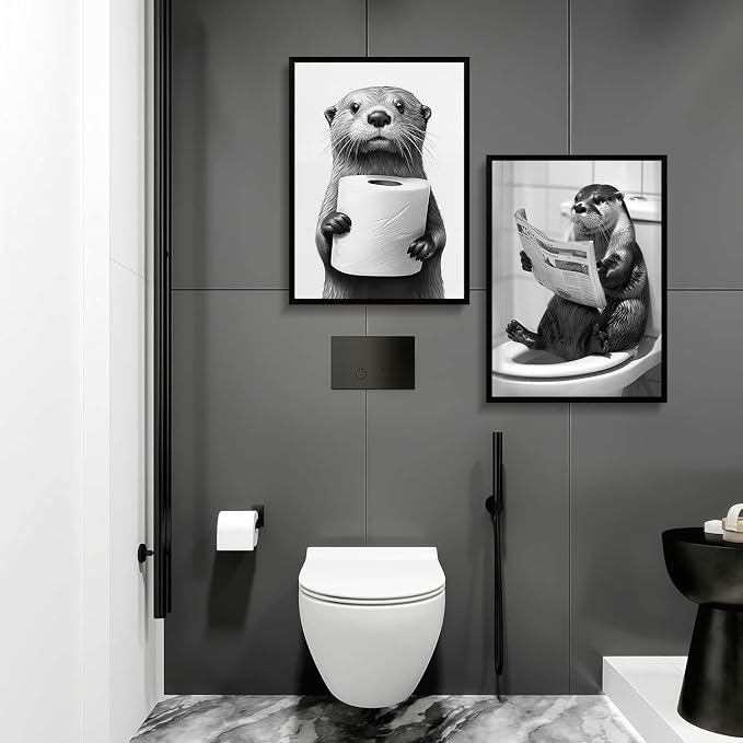Framed Funny Bathroom Wall Art Otter Canvas Prints Black and White Animal Posters Cute Toilet Humor Pictures Gallery Style Wall Decor Home Guest Bath 16x24 inch Ready to Hang