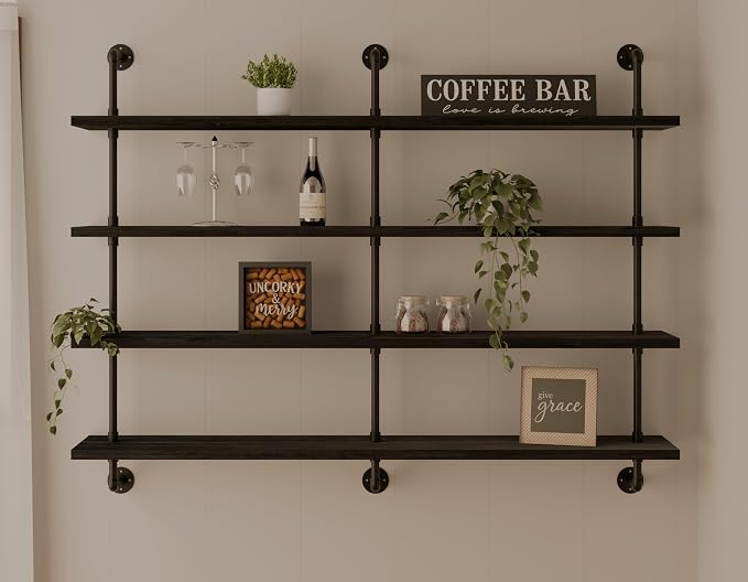HDDFER Floating Shelves for Wall Bookshelf Industrial Pipe Shelving Shelves 60 Inch Natural Wood Planks Rustic Wall Shelves Hanging Bookshelves Farmhouse Kitchen Shelving Black