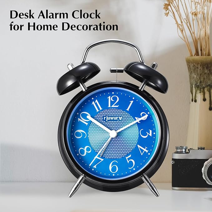 Rjuwurv 4" Twin Bell Alarm Clock with Night Light - Desk & Bedroom Alarm Clock (Midnight Blues)