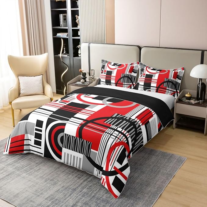 Erosebridal Art Deco Mid Century Duvet Cover Set Retro Modern Abstract Geometric 100% Cotton Comforter Cover Black and White Red Circles Stripes Full Size Bedding Sets, Contemporary Bed Set