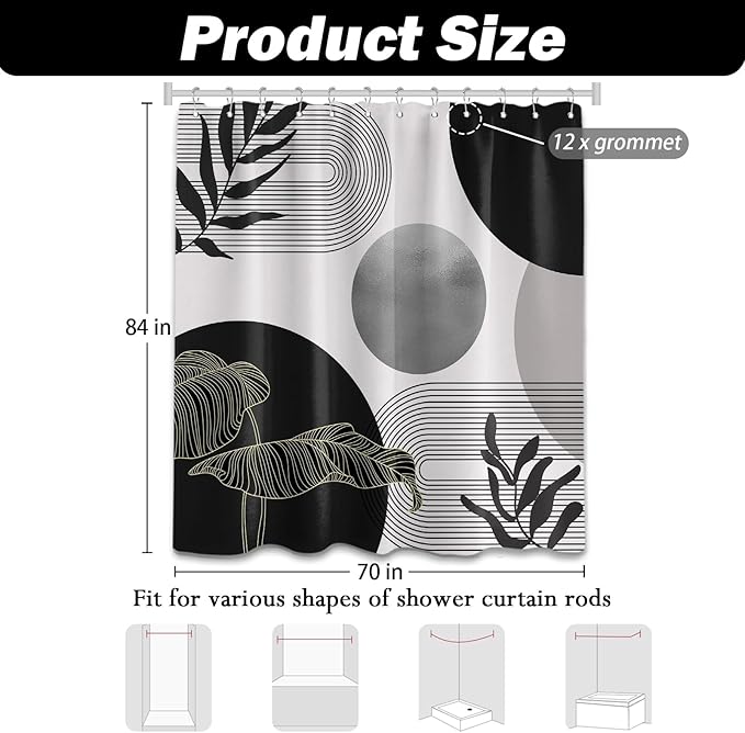 Black and Grey Shower Curtain Black White Gray Mid Century Modern Shower Curtains for Bathroom Decor Boho MCM Mens Cool Bath Curtain Set, Waterproof Fabric with Hooks 70 x 84 Inch