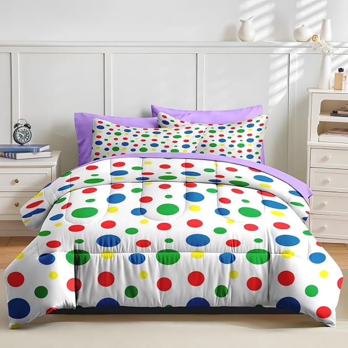 Nesker Comforter Set Twin Size, Rainbow Green Red 5 Pcs Bedding for Kids and Adults, Blue Yellow Polka Dot Bed Sheet Sets with Fitted Sheet Pillowcase & Sham