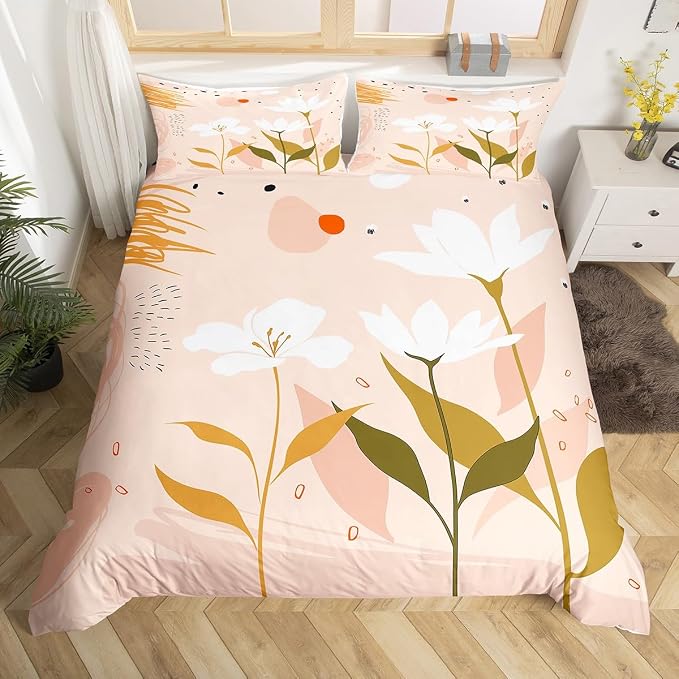 Erosebridal Boho Minimalist Bedding Sets Full Hippie Abstract Art Comforter Cover, Botanical Plants Bed Set White Flower Floral Duvet Cover Modern Mid Century Quilt Cover Girly Pink Room Decor